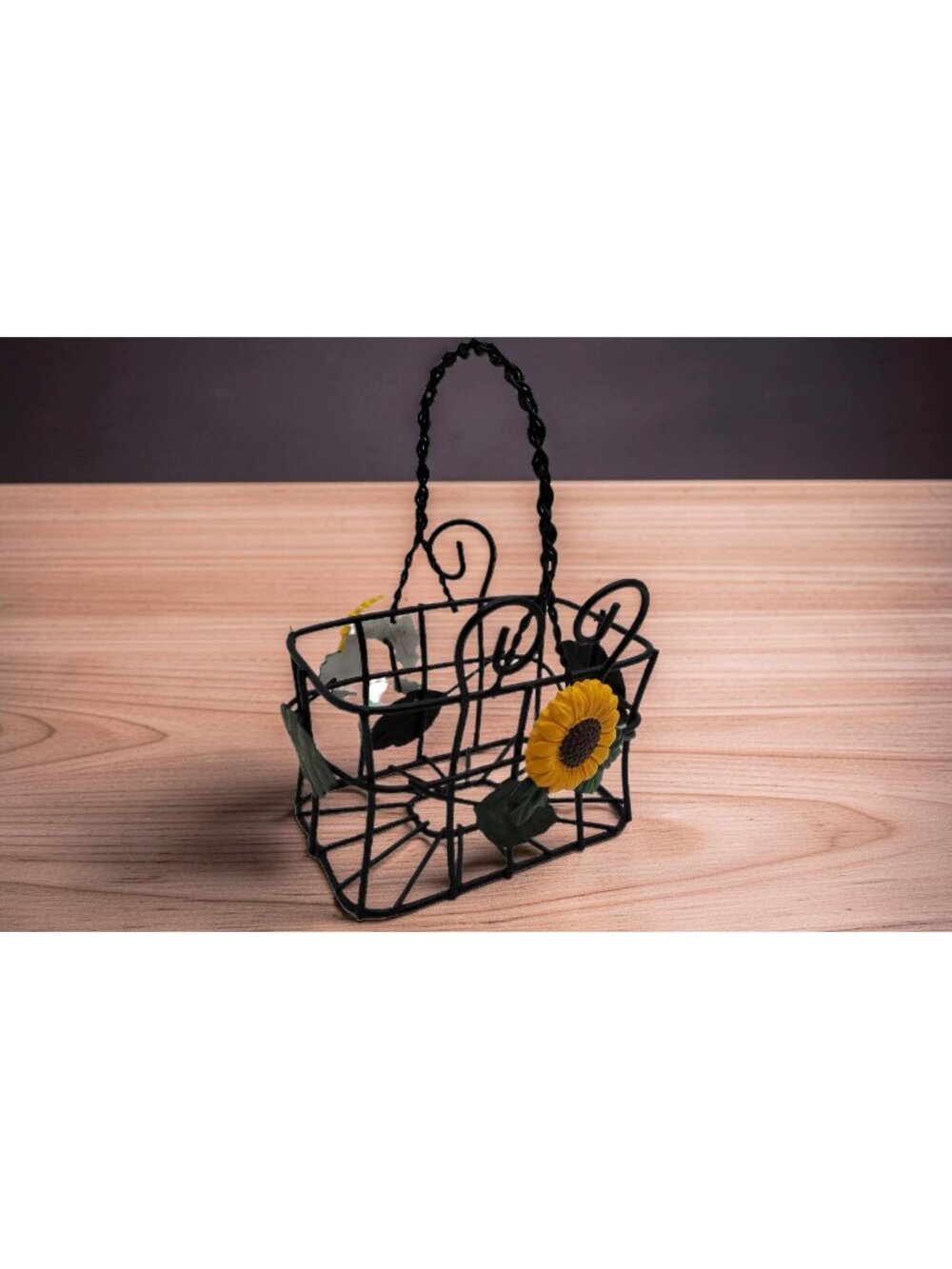 vintage 1980s decorative wire basket with ceramic sunflower theme 4.5"L x 3"w.